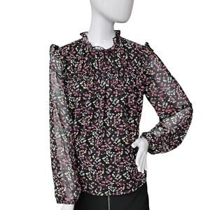Pleione Blouse Size Medium Ditsy Floral Pink on Black Long Sheer Sleeves